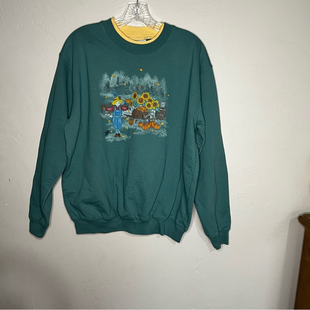Country Store Scarecrow Harvest Fall Teal Inset Collar Pullover Crewneck Sweater - Picture 2 of 8